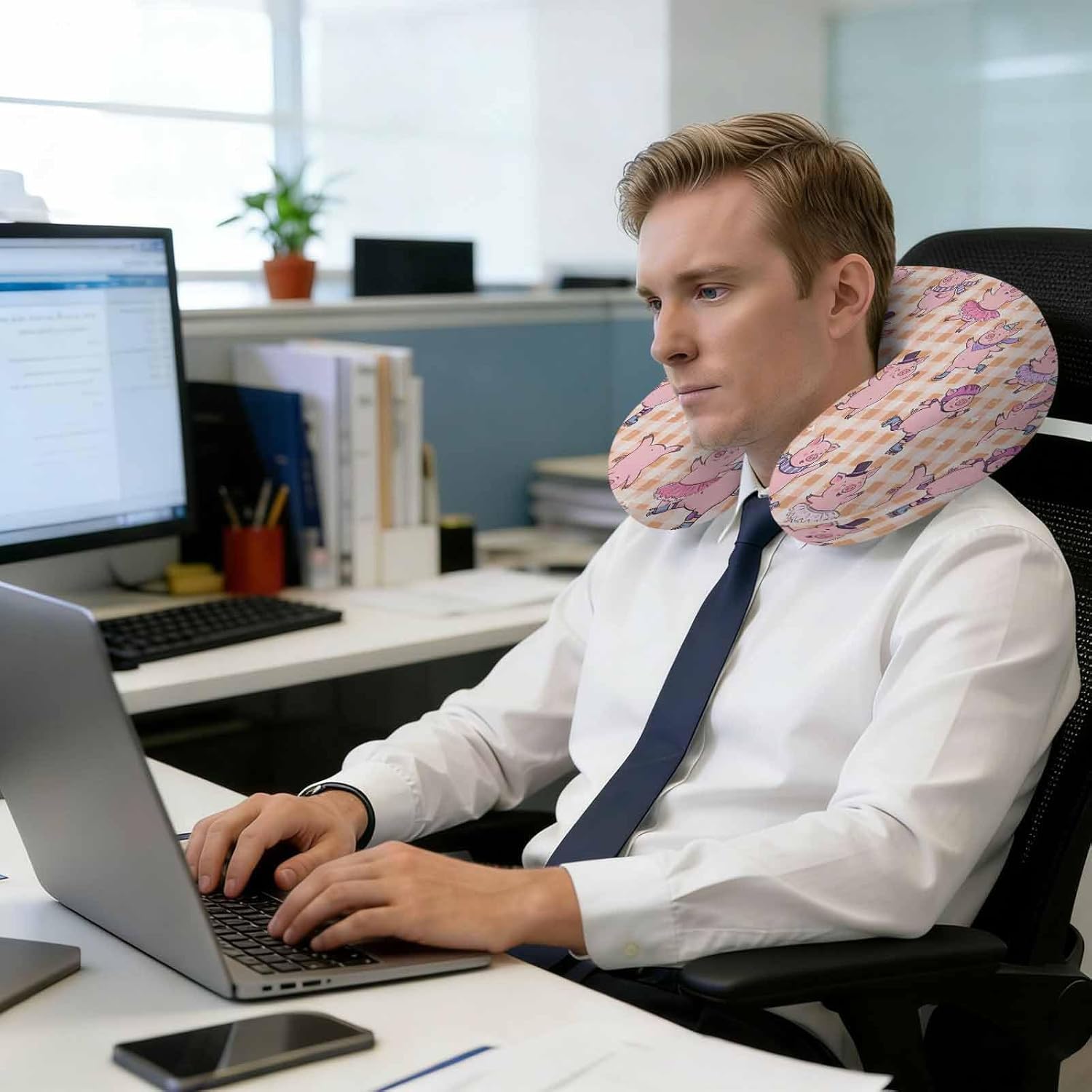 Neck Pillow Children's Day Cute Cartoon Pink Pig Travel Pillow Memory Foam U Shaped Pillows, Yellow Buffalo Plaid Travel Neck Pillows for Airplane Car Office Home Sleeping Rest