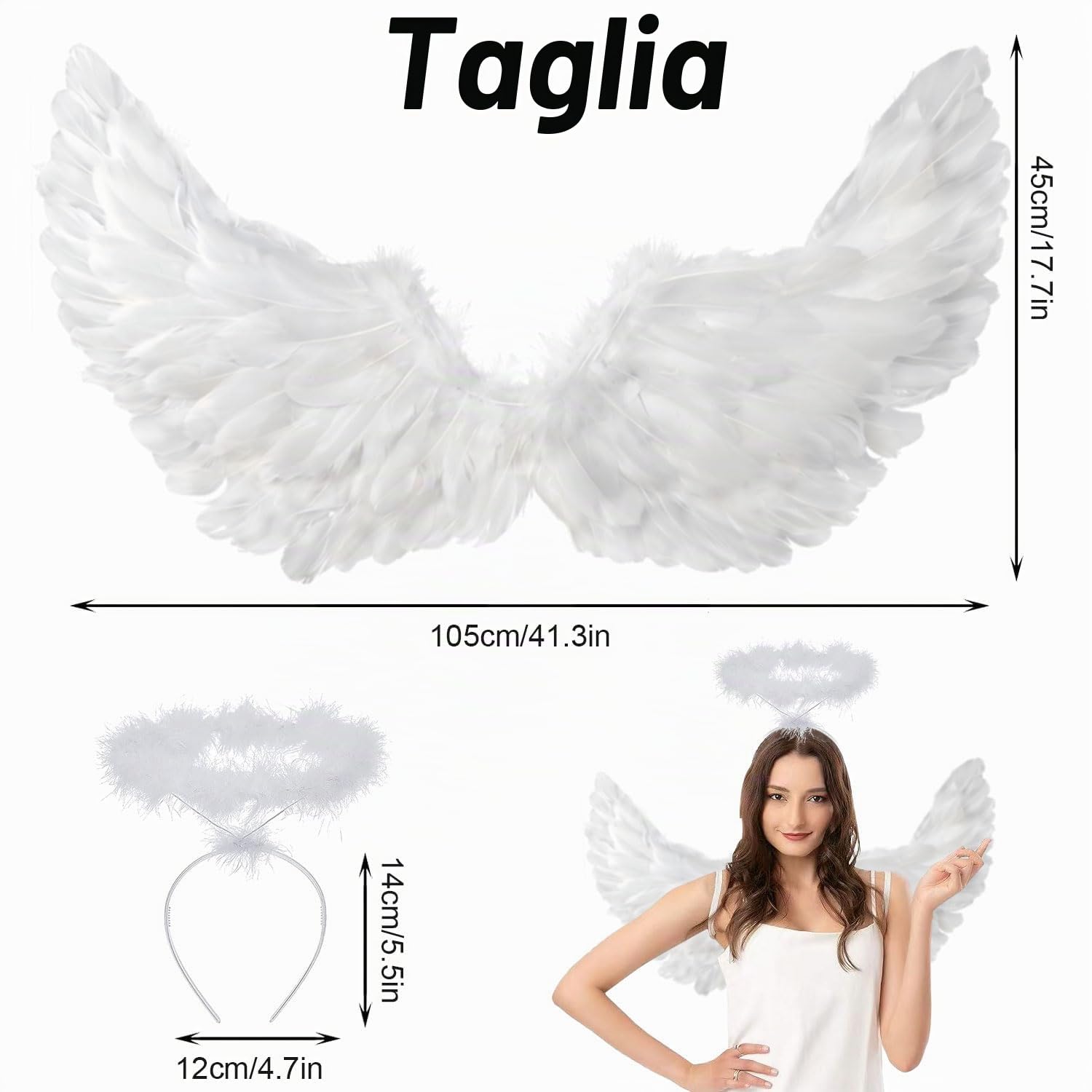 Ali d'angelo bianche da 105 cm con aureola, ali d'angelo, ali di piume, costume di ali d'angelo, ali d'angelo, ali d'angelo, per donne e ragazze, decorazione per costume per feste