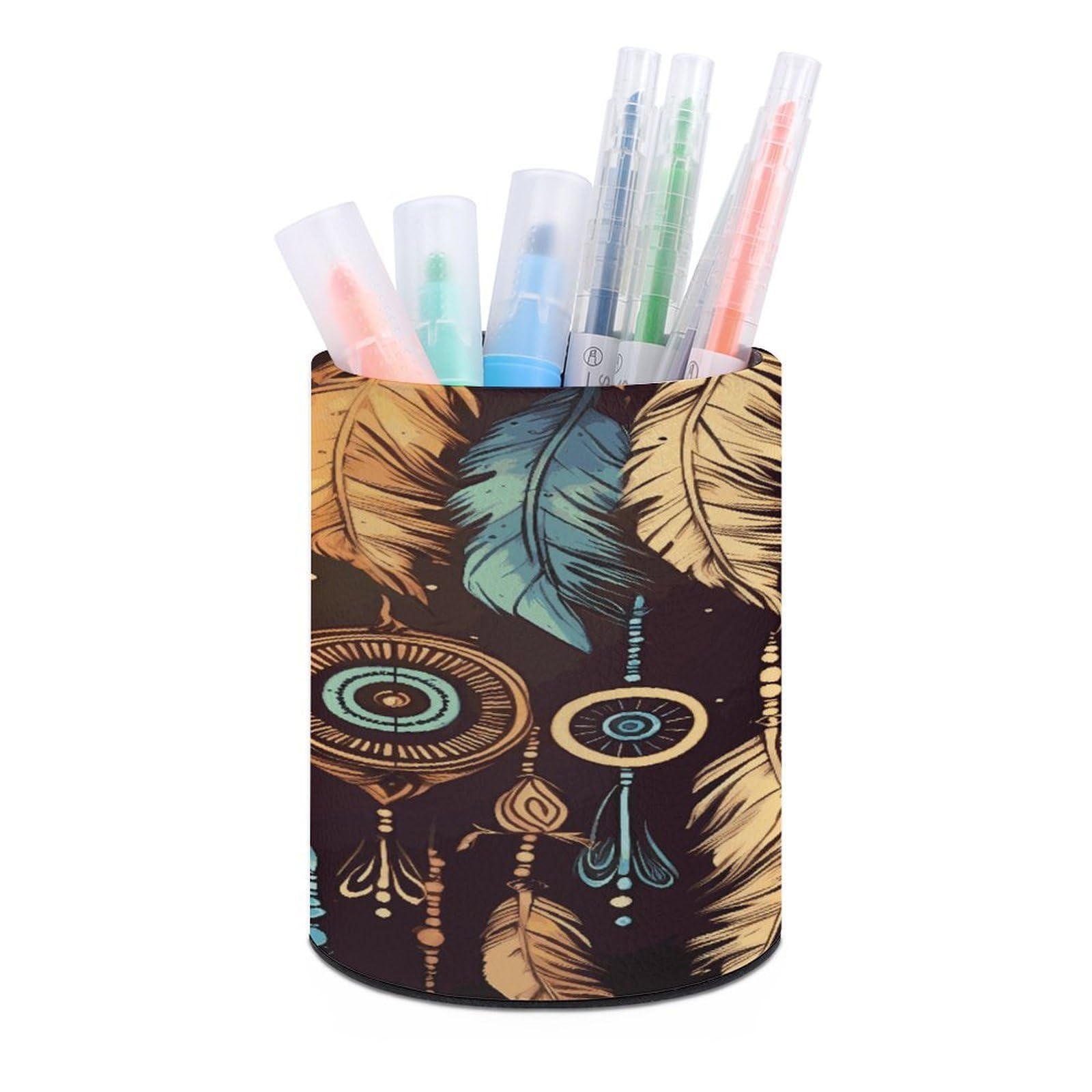 VstaDank Vintage Ethnic Tribal Feather Pen Holder Round Pencil Holder Cup Pen Container PU Leather Desk Organizer Stand Decorative Brush Scissor Holder Decoration Office Desk Home (3.1 x 3.9 inch)