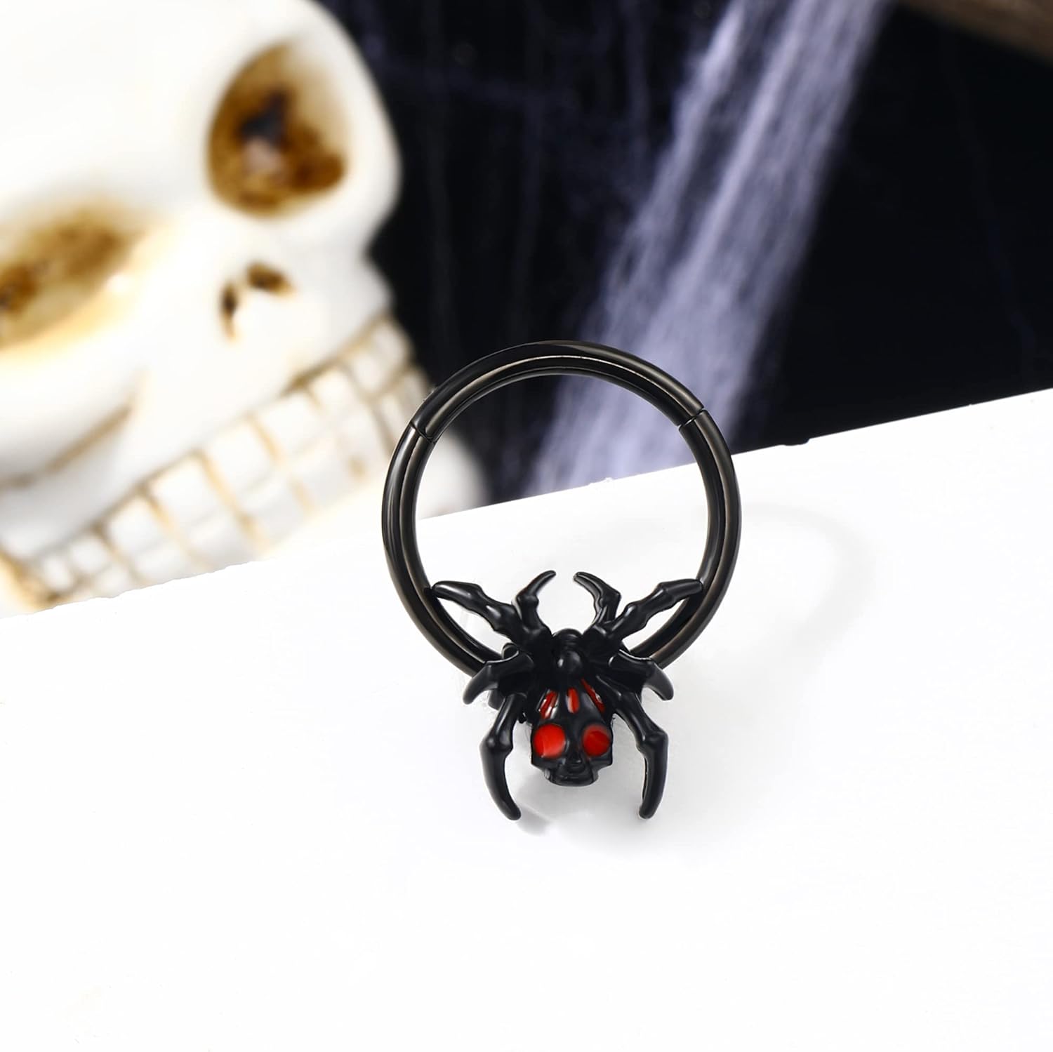 Jewseen 16G Black Spider Septum Ring - Hinged Segment Ring for Women & Men - Halloween Septum Clicker - Image 4