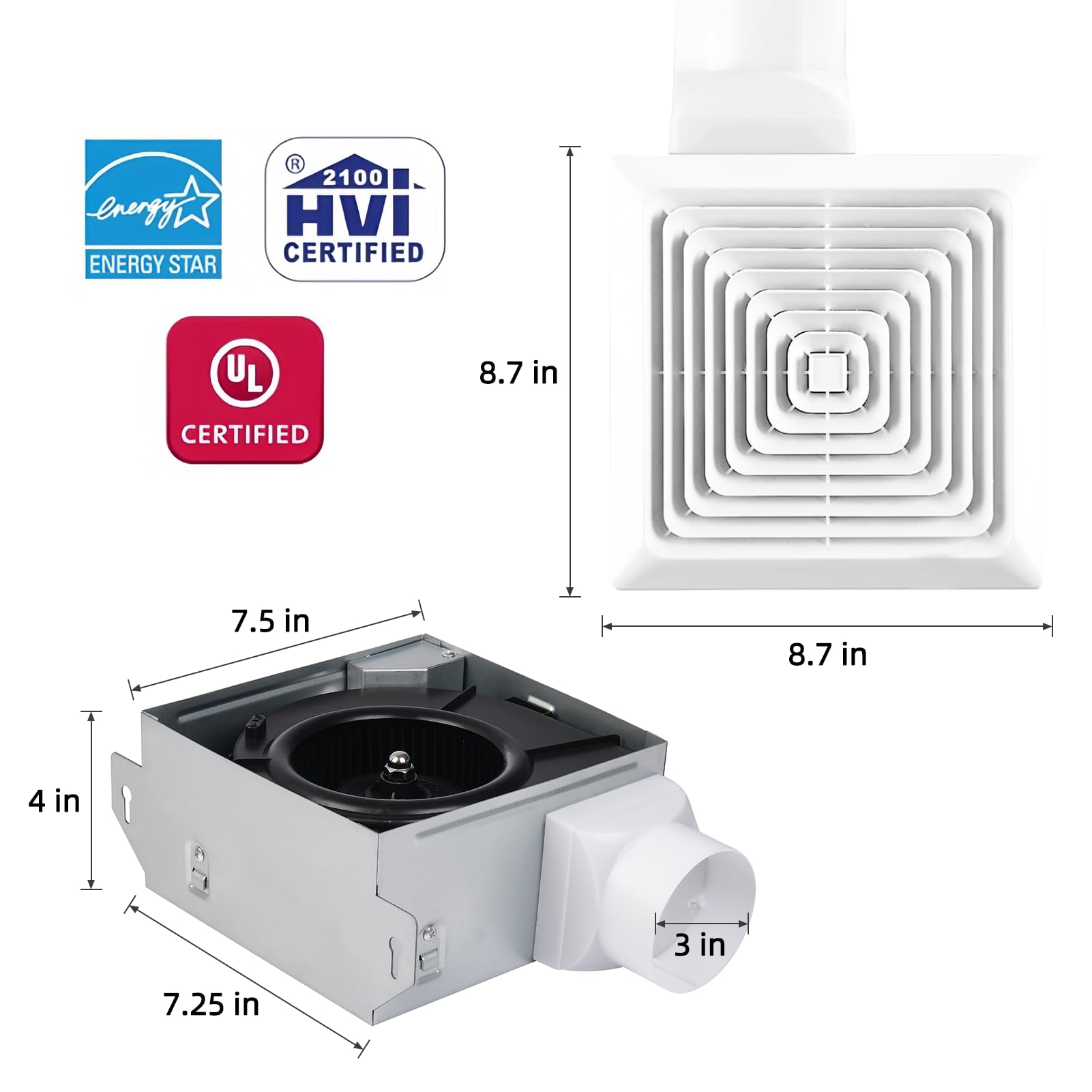 Ventilador extractor de baño, 50 CFM 1.0Sone ventilador de baño silencioso con K de 3 pulgadas para montaje de ventilador de ahorro de energía