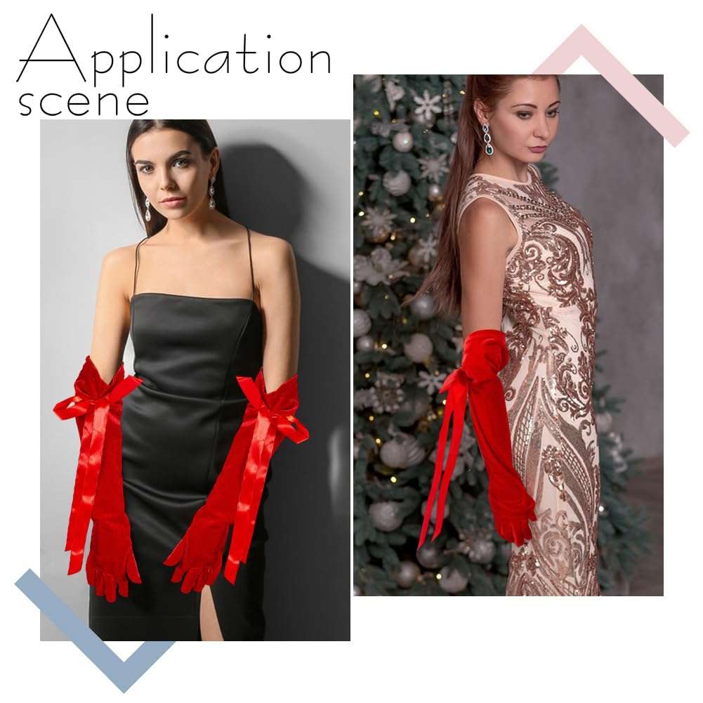 CABODYALS 1 Pair Dark Red Velvet Gloves Long Elbow Length Opera Formal Elegant Gloves 1920s Flapper Gatsby Costume Accessories with Bow Ribbon for Women Wedding Evening Party Dresses Cosplay Christmas - Image 4