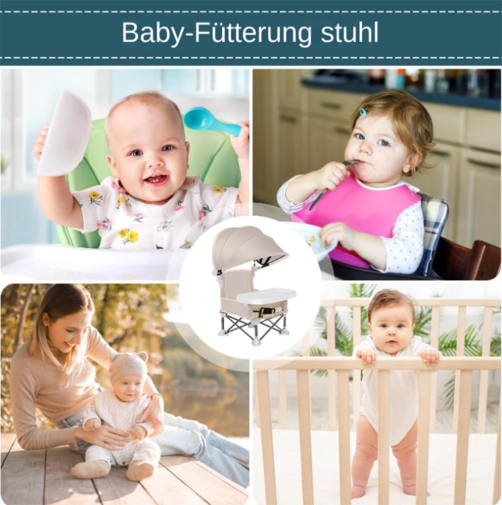 Baby Campingstuhl, Faltbar Babystuhl mit Abnehmbarem Tablett Und Sonnenschirm, Tragbarer Babysitz, Baby Strandstuhl, Kinder Esszimmerstuhl für Outdoor Camping S-trand Rasen (Beige)