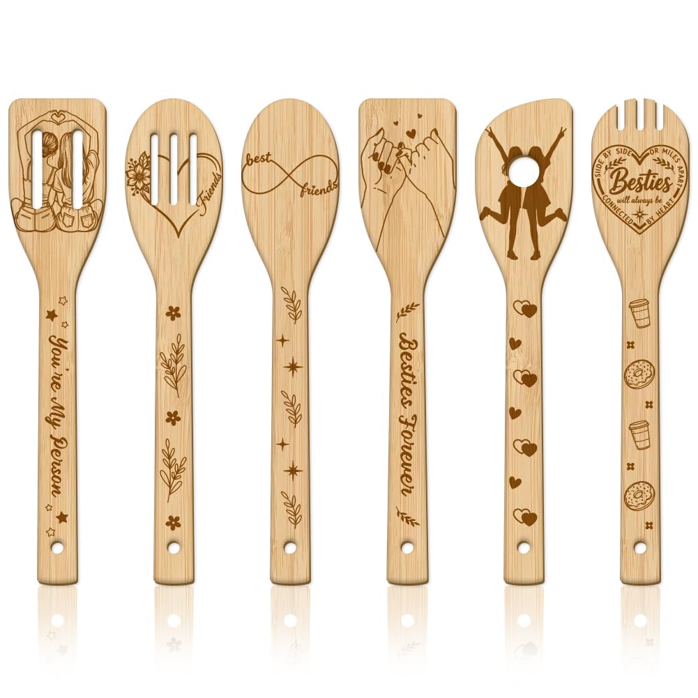 Cuillère en bois GLOBLELAND ensemble de 6 spatules de cuisine gravées fleurs