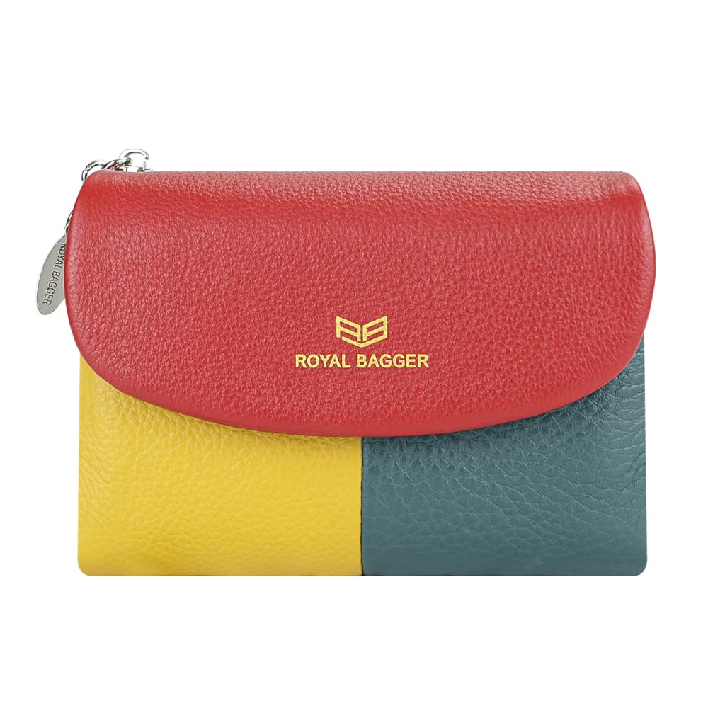 Royal Bagger Color Block RFID Short Wallets Genuine Leather Multi-card Slots Card Holder Trifold Purse Magnetic Opening 2053 (Red)