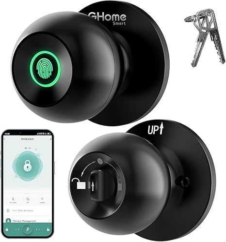 GHome Smart Cerradura de puerta de huellas dactilares, perilla de puerta inteligente 3 en 1 con control de aplicación y llave, bloqueo automático,