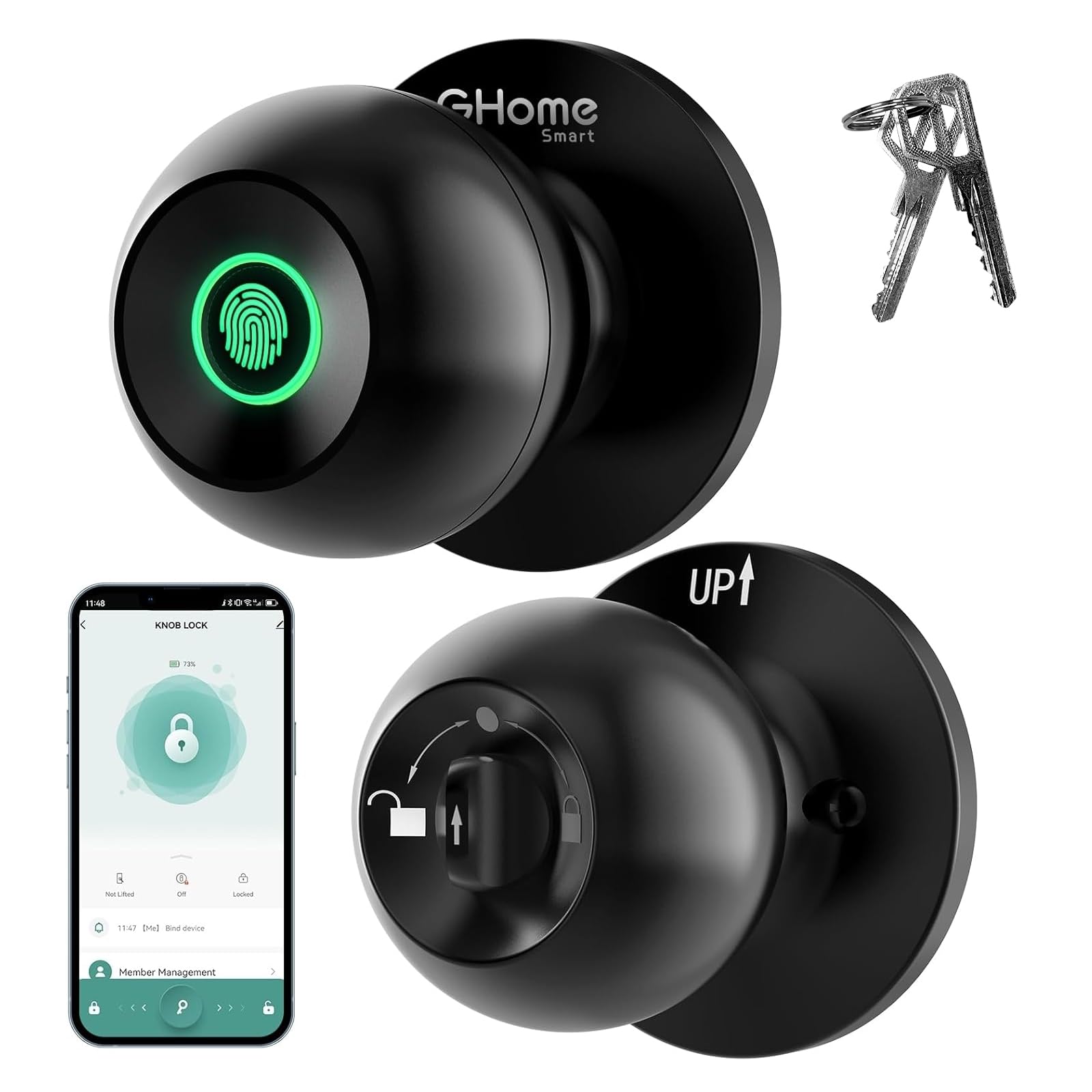 GHome Smart Fingerprint Door Lock, 3 in 1 Smart Fingerprint Door Knob with App Control & Key, Auto Lock, Biometric Thumbprint Door Locks for Bedroom, Garage, Home & Office