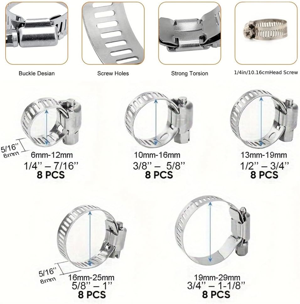 304 Stainless Steel Hose Clamps - Adjustable Worm Gear Pipe Clamps for Various Diameters,155,178mm 2pcs