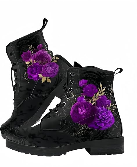Women's Printed Short Boots Lace-up Block Heel Combat Ankle Booties for Girls Ladies Autumn and Winter Shoes Rose Skull Butterfly FLowers Cartoon Pattern
