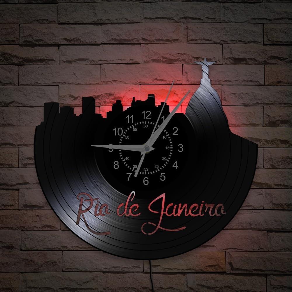 Rio De Janeiro Wall Clock, 7 Colors LED Lighting 12 Inch Brazilian Cityscape Clock Silent Non Ticking Modern Decorative Night Light Vinyl Record Wall Clock for Living Room Travel Gift