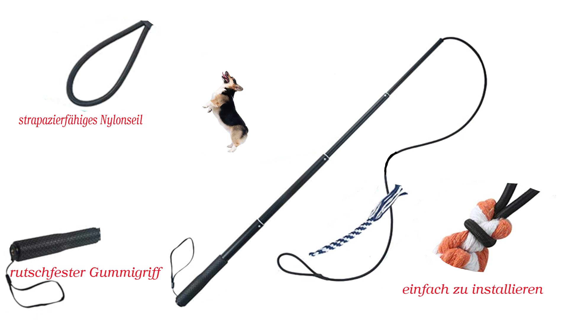 Behogan Reizangel Für Hunde - Ausziehbar Bis 102cm Mit 2 Beißseilen Und Ball