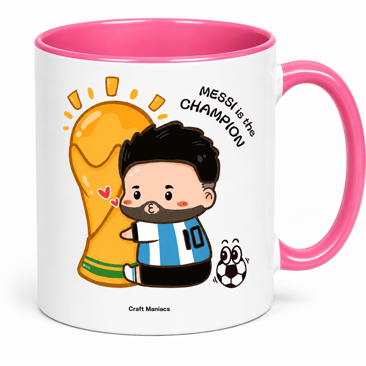 CRAFT MANIACS Messi Cute Cartoon with Trophy Pink Rim Ceramic Coffee Mug | Football Fan Gift Mug, Two-Tone Finish-image-24