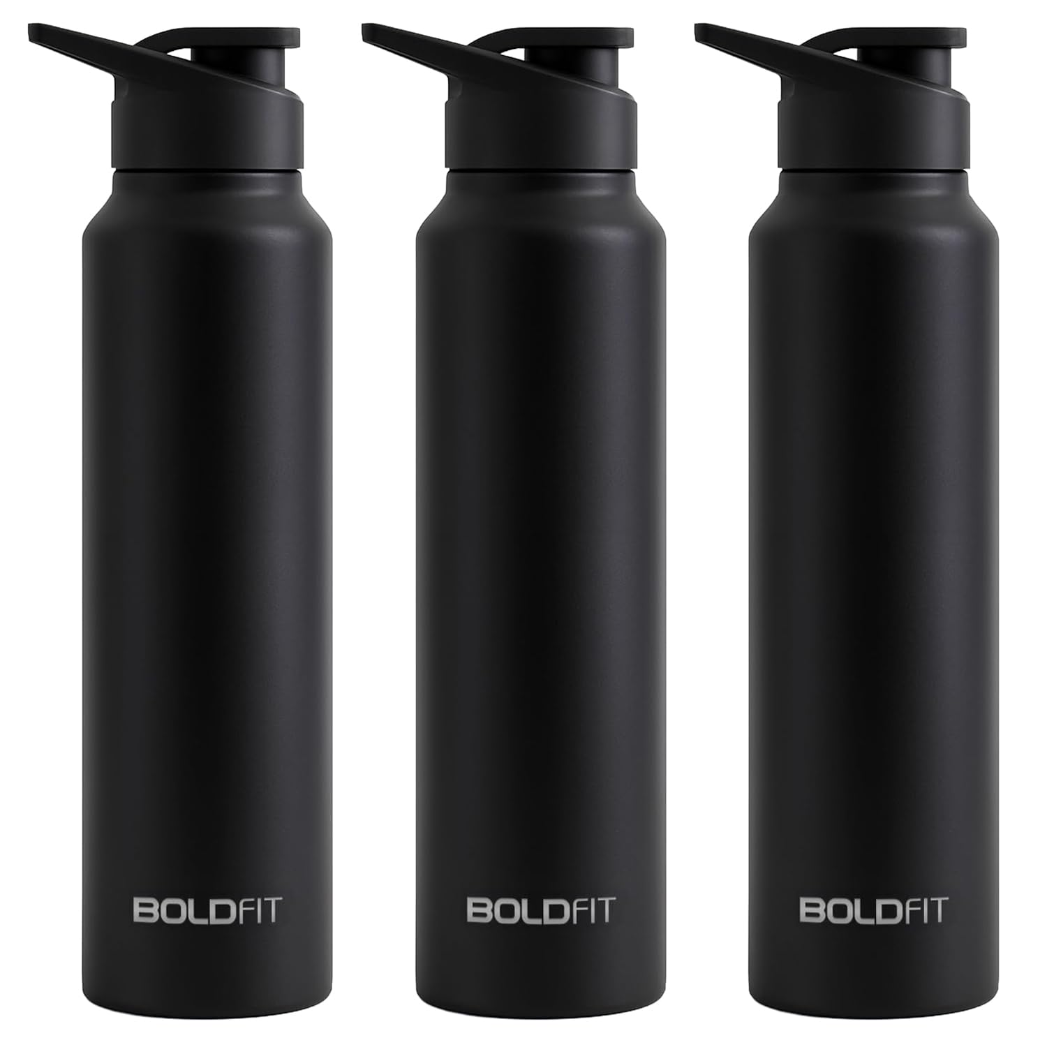 Boldfit Stainless Steel Water Bottle 1 Litre BPA-Free, Leak-Proof & Rust-Free Metal Bottle with Handle Lightweight, Food-Grade, Easy to Clean Ideal for Office, Gym, School & Travel, Black (Pack of 3)