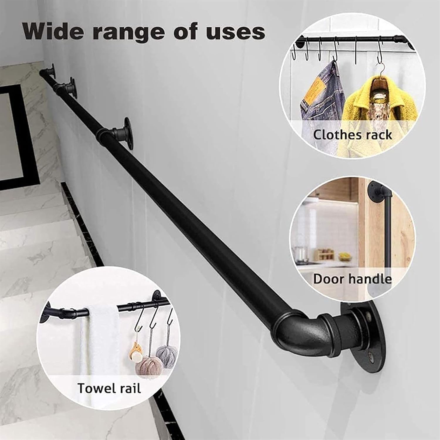 Wall Mount Banister (1ft-20ft), Staircase Handrail, Complete Kit, Indoor Outdoor Stairs Porch Deck Hand Rail, Industrial Wrought Iron Pipe Railings (Size : 2ft)