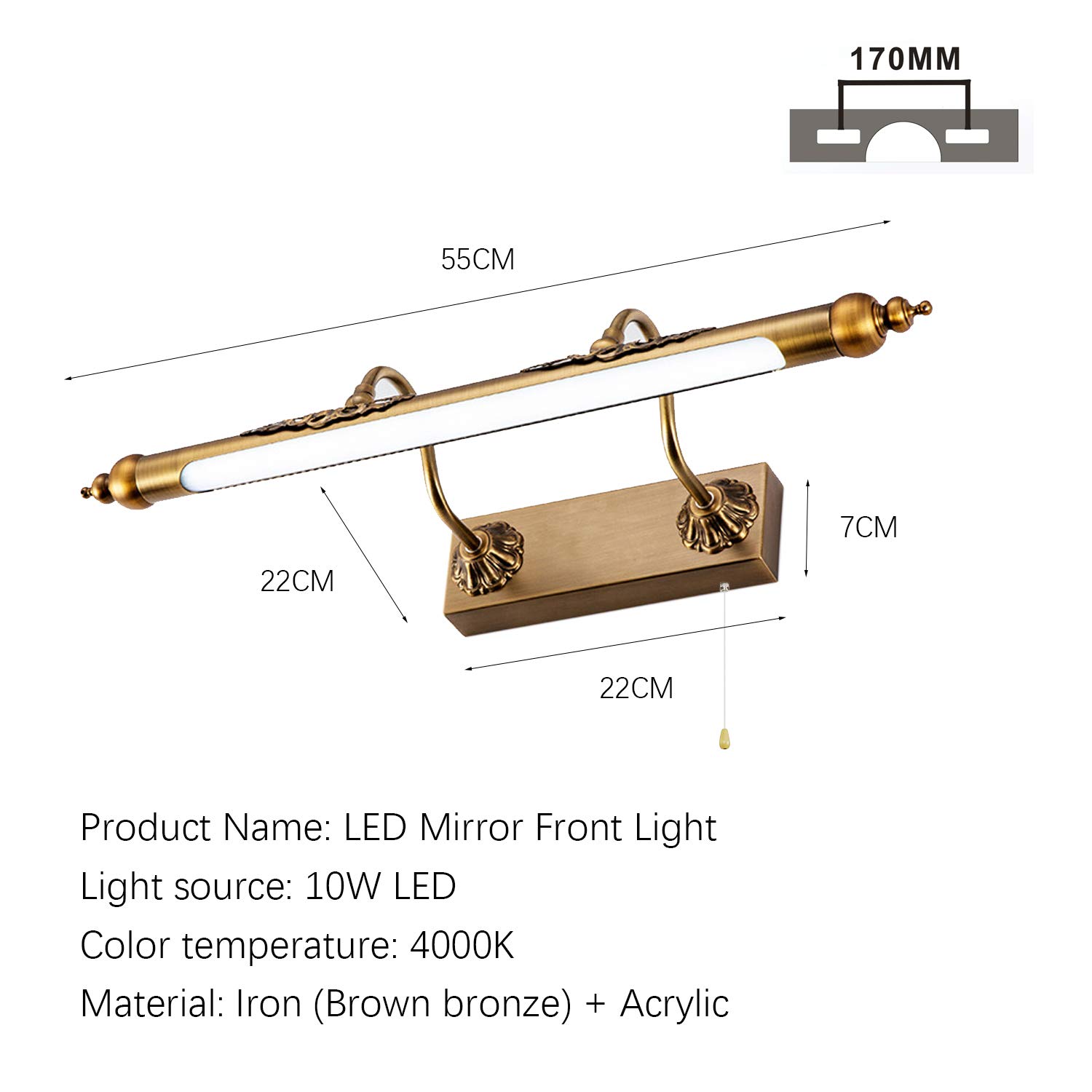 ACMHNC Vintage Spiegelleuchte Bad Mit Schalter, IP44 Badlampe Braune Bronze Retro Spiegellampe Badezimmer Mit Arc Arm Einstellbarer, Antike Wandleuchte Innen Aus Metall, 4000K Schminklicht,55cm/10w