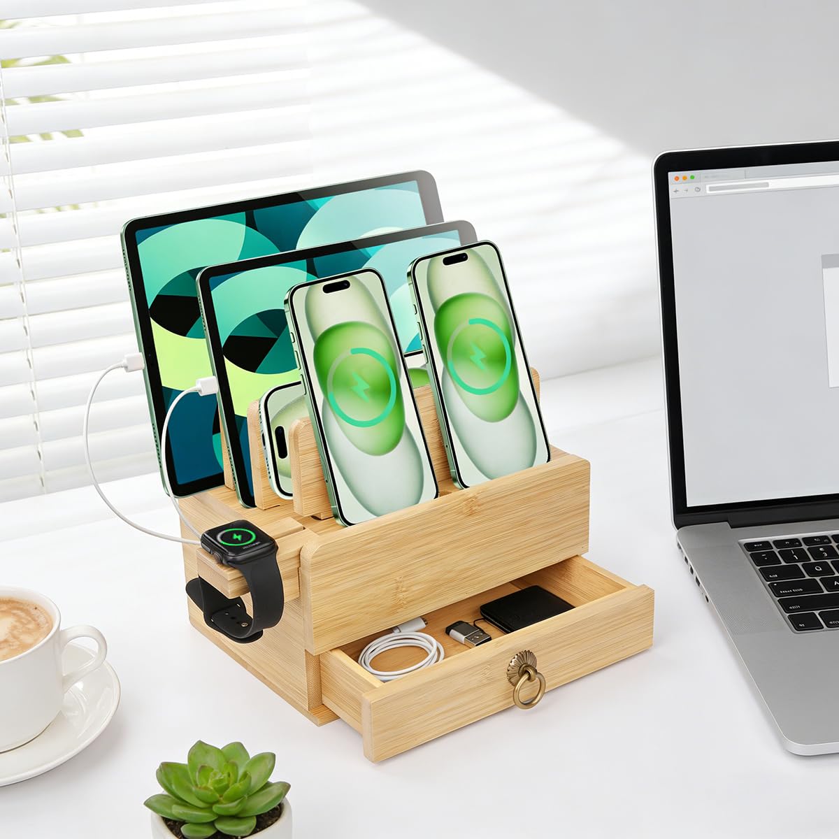 Pudełko bambusowe, 4 gniazda, zdejmowany stojak na zegarek z szufladą, stacja ładująca na wiele urządzeń i organizer na przewody, stacja dokująca do iWatch, smartfonów, tabletów, laptopów