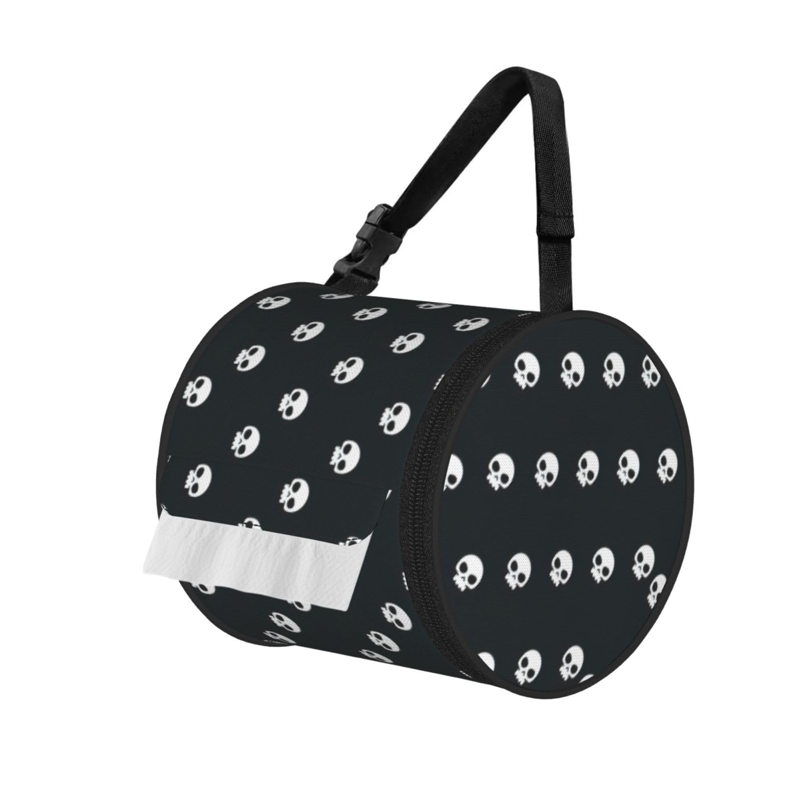 Skull Print Round Paper Tissue Holder With Shoulder Strap, Portable Roll Case For Caravan Travel Use