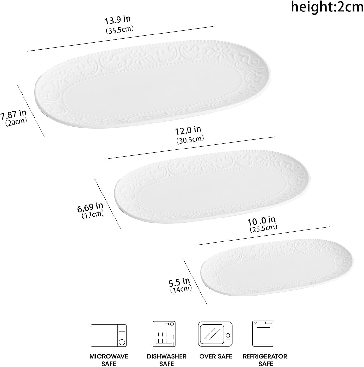 Oval Serving Platter, 14"/12"/10" Ceramic Serving Platters, Embossed White Serving Plates, Stackable Porcelain Tray for Appetizer, Dessert, Pasta, Sushi, Oven Dishwasher Safe, Set of 3, Family Dining - Image 4