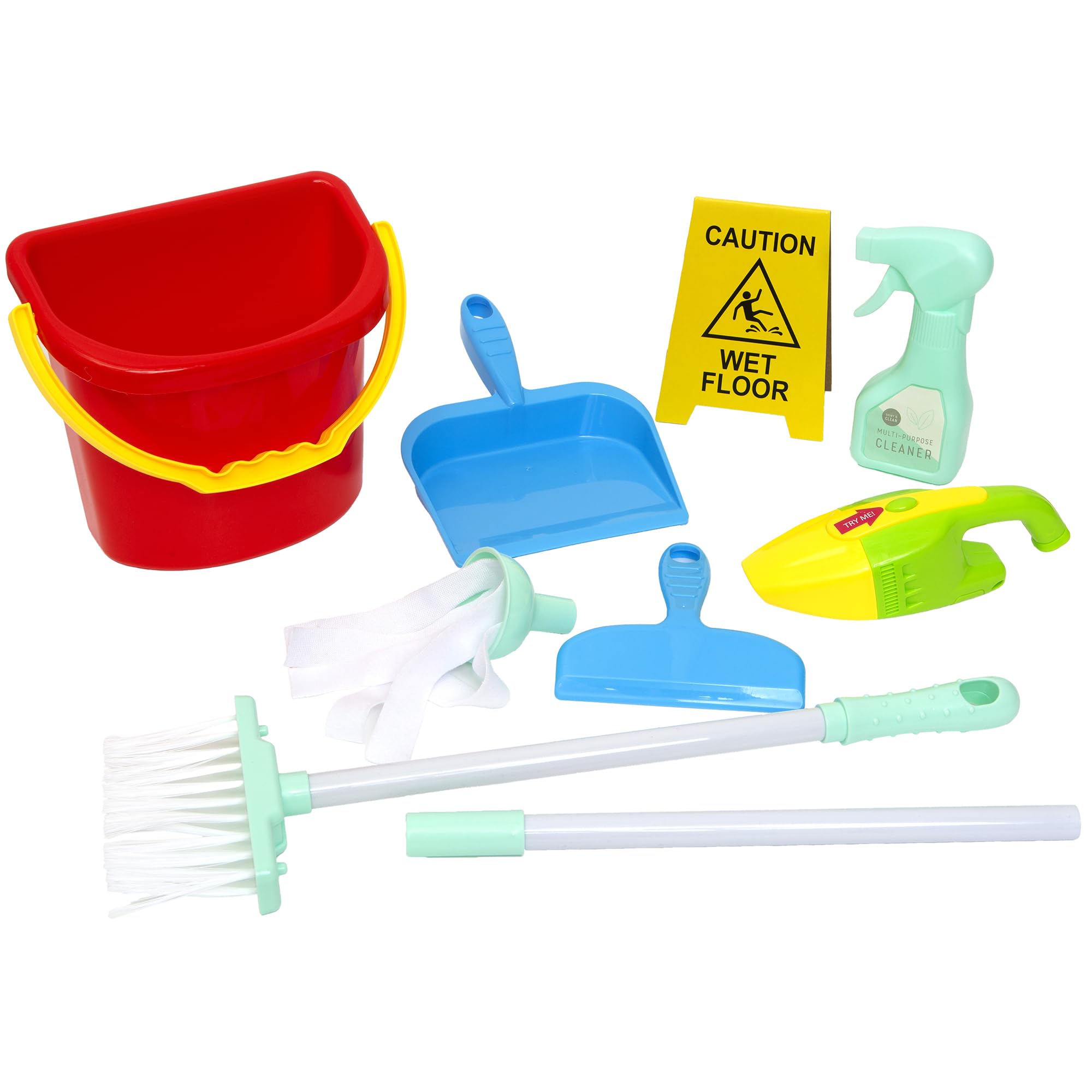 Boley: Cleaning Set - 8pc Toy Accessories, Broom-Dustpan-Mop-Vacuum-Bucket-Squeegee-Sprayer-Wet Floor Sign, Pretend Play & Housekeeping, Kids Ages 3+