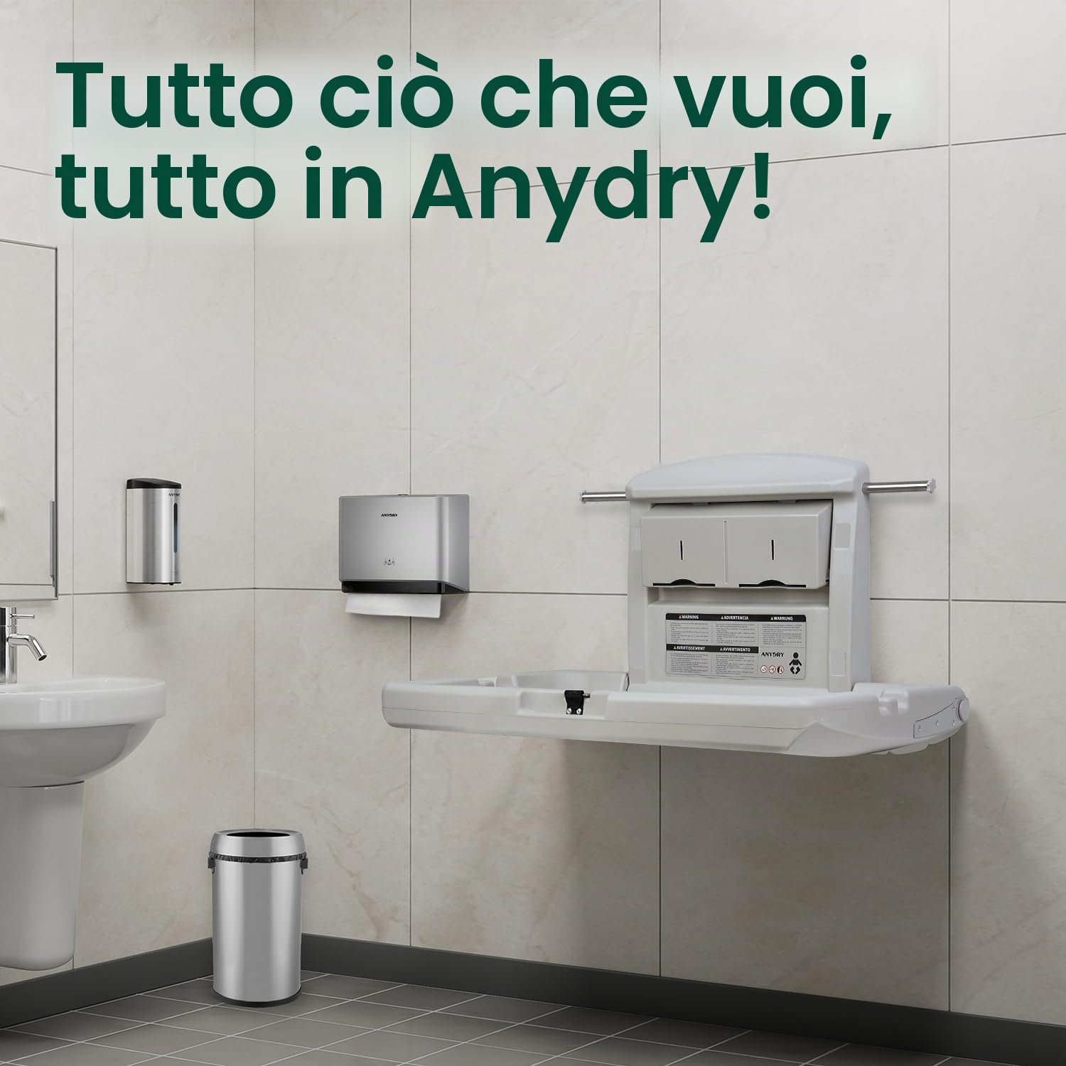 anydry Stazione per cambio neonati a parete resistente, Design Heavy-Duty con cinture di sicurezza, Ripiegabile per risparmio spazio, in elegante bianco grigiastro