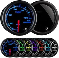 GlowShift Tinted 7-Color 100 PSI Oil Pressure Gauge Kit with 1/8-27 NPT Sensor - 52mm Black Dial for Cars & Trucks