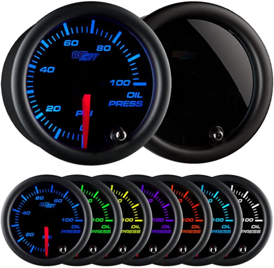 GlowShift Tinted 7 Color 100 PSI Oil Pressure Gauge Kit - Includes Electronic Sensor - Black Dial - Smoked Lens - for Car & Truck - 2-1/16" 52mm