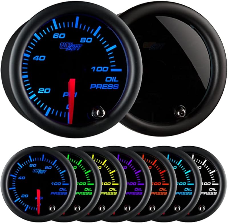 Manômetro de pressão do óleo GlowShift Tinted 7 Color 100 PSI, 52 mm – Kit