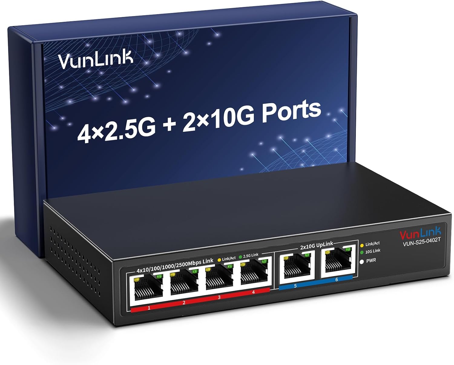 10Gb Ethernet Switch with 4 x 2.5GbE + 2 x 10GbE RJ45 Ports, VunLink 6 Port 10G/2.5G Multi-Gigabit Unmanaged Network Switch, Plug and Play, Fanless, Desktop/Wall-Mount, for Wireless AP, NAS, PC, Home