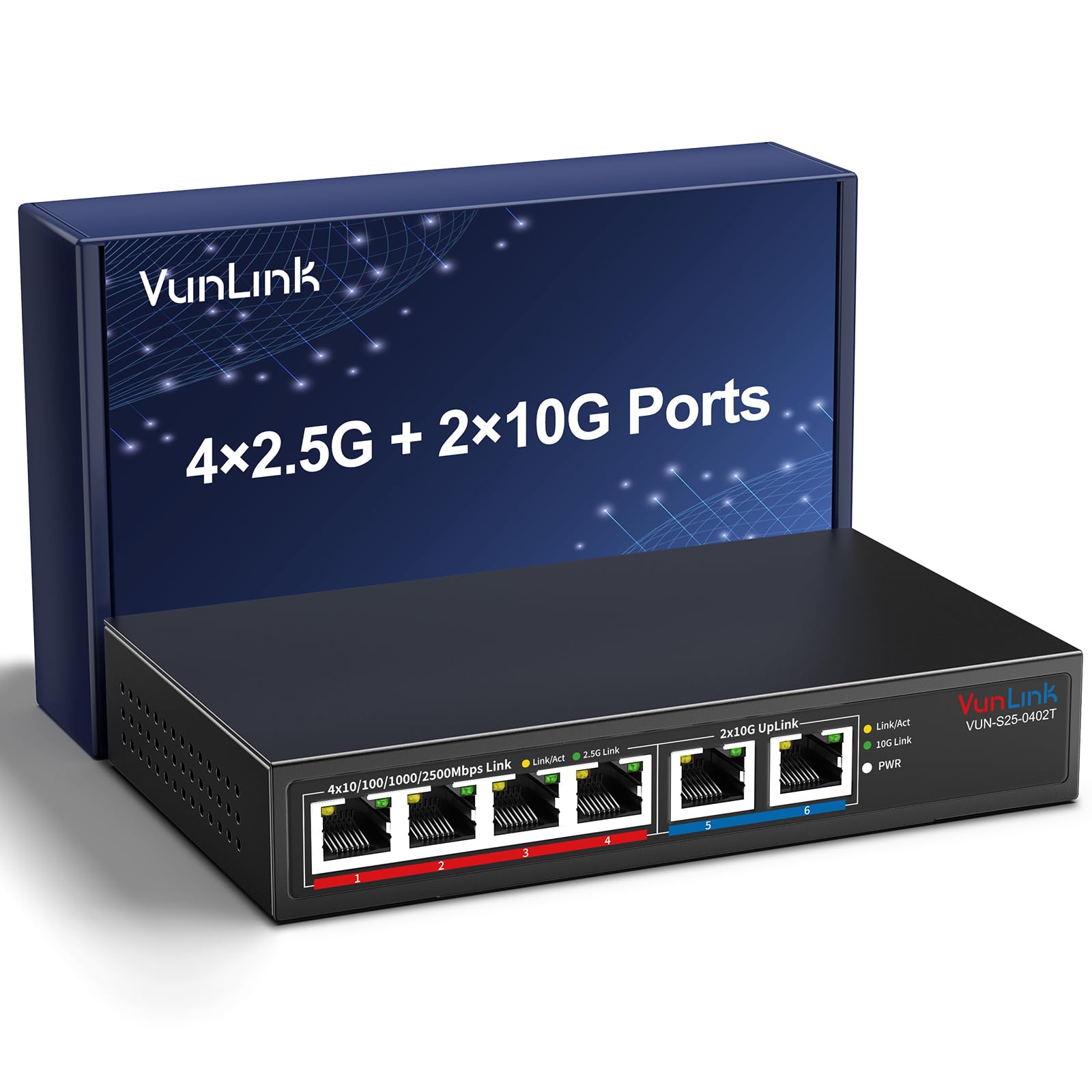 6-Port Multi-Gigabit Ethernet Switch, 4×2.5G + 2×10G High-Speed Ports, Unmanaged 10G/2.5G Netzwerk-Switch für Zuhause & Büro, Plug & Play, Desktop/Wandmontage, leises lüfterloses Metalldesign