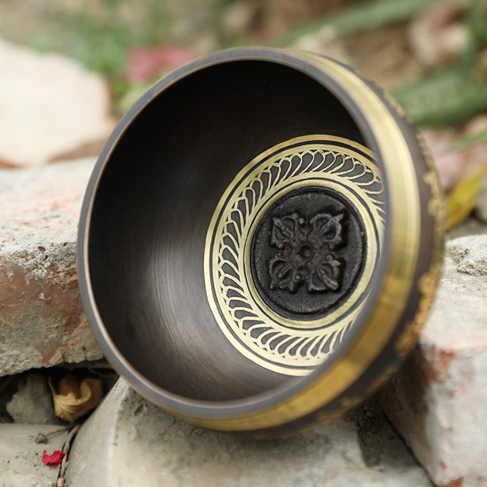Juego de cuencos tibetanos, diseño de mandala de bronce, cuenco de bronce hecho a mano nepalí, para yoga, meditación (9,5 cm)