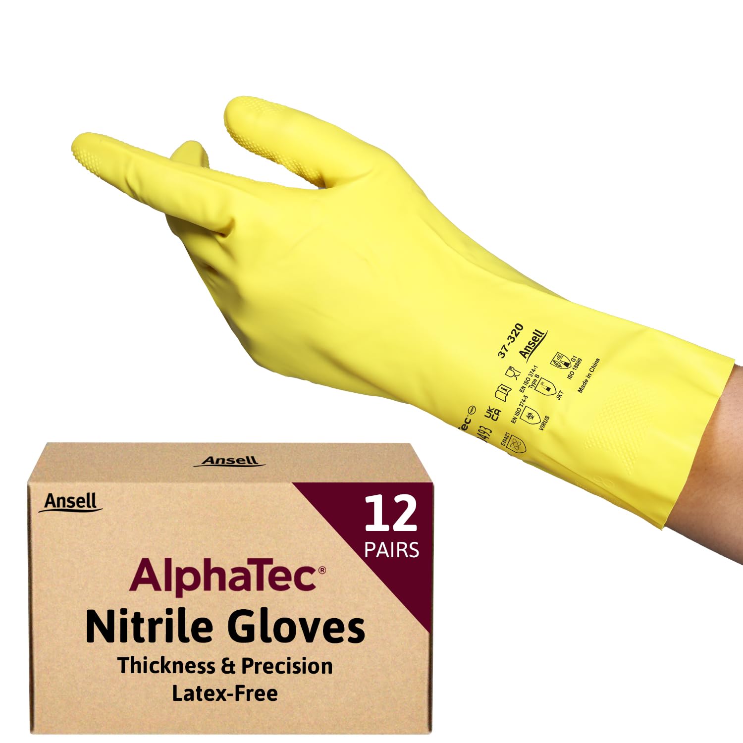 Ansell AlphaTec 37-320 Multipurpose Nitrile Gloves with Long Cuff, Chemical Protection and Food Safety, Reusable Kitchen Gloves, Household Cleaning and Dishwashing, Yellow, Size S (12 Pairs)