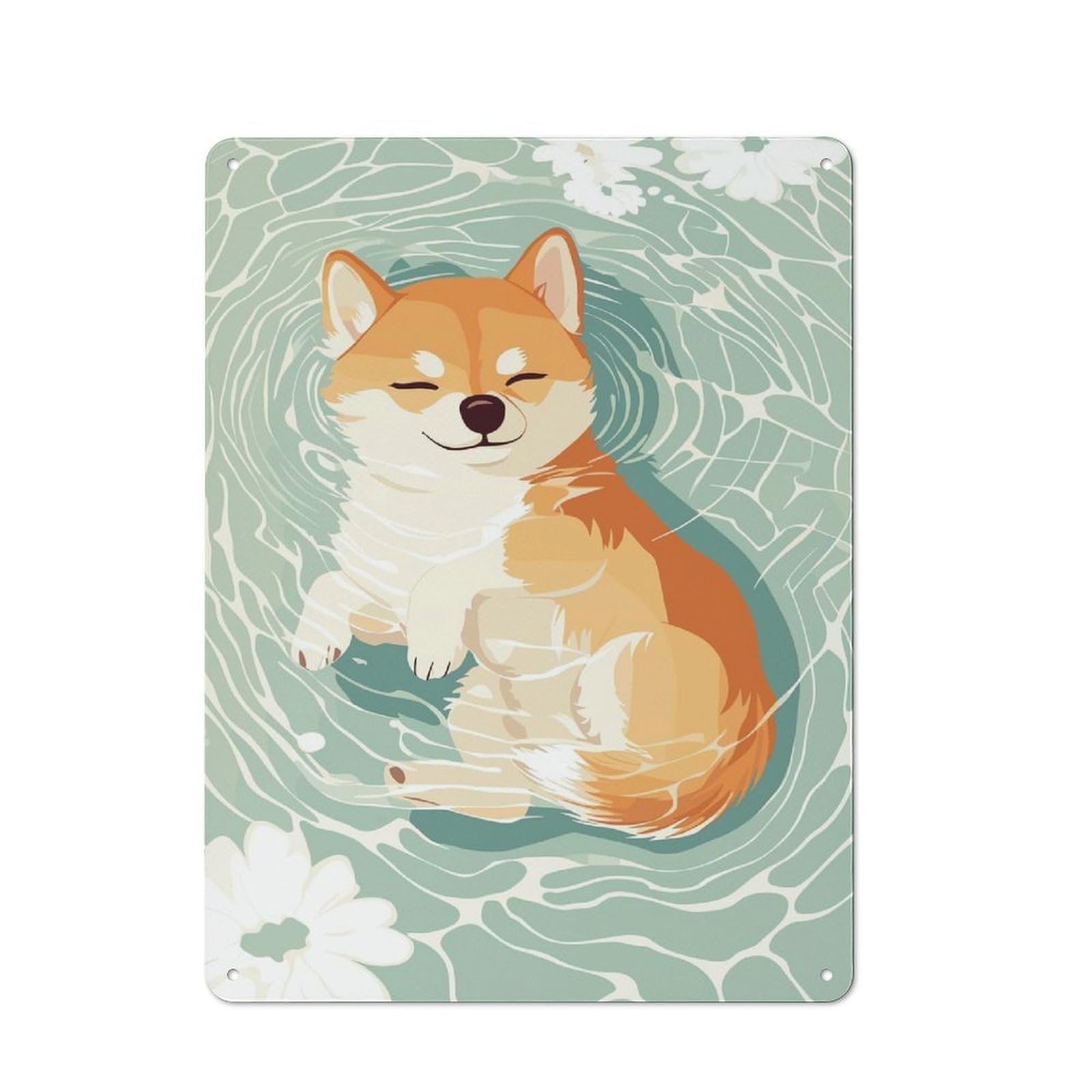 Junmoney Style-24 Rustic Metal Sign With Shiba Inu Floating In Water Design 40X30cm, Country Vintage Cottage Wall Art For Kitchen, Cottage, Porch Or Garden Room