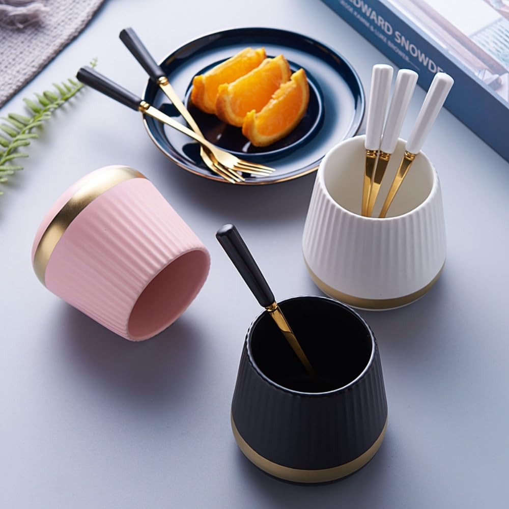 Keramik-Obstgabel-Aufbewahrungsbehälter mit goldfarbenem Rand, gestreift, mit 12 Edelstahl-Gabeln, Löffeln und Dessertutensilien-Set für Partys, Küche, Esszimmer, Zubehör (Weißgold, Vorratsglas-Set)