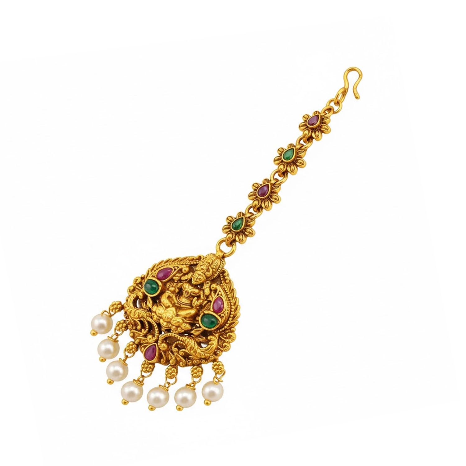 VAMA FASHIONS Traditional Matt Gold Plated CZ Stone Pearl Laxmi Design Maangtikka Papdibilla Temple Maang Tikka Wedding Jewlery For Women & Girls (Multicolor Papdibilla)