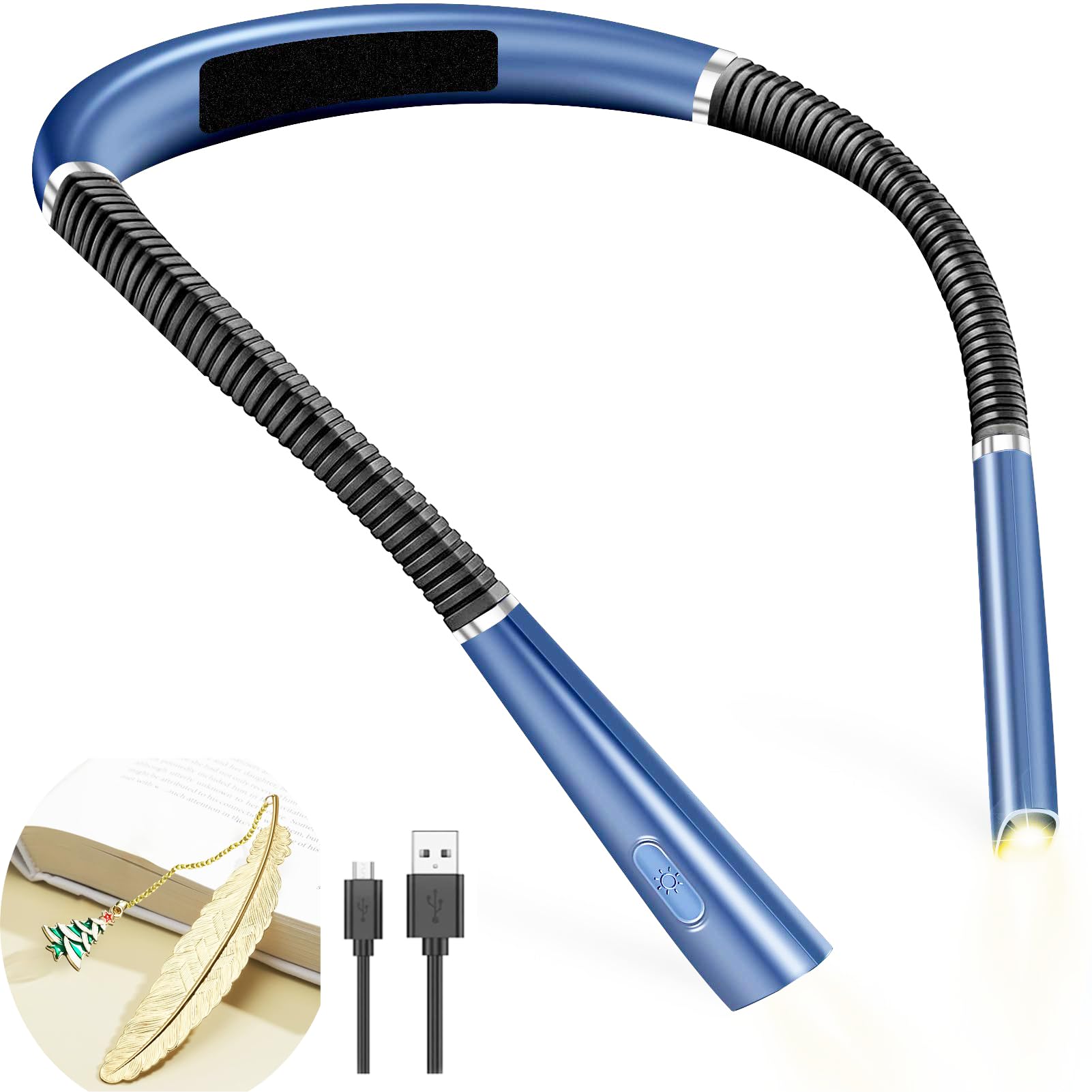 AIOLEKUP Neck Reading Light Rechargeable, Reading Lights for Books for Bed Travel 3 Colors and 3 Brightness Adjustable Bendable Arms, Rechargeable ong Lasting (with Metal Christmas Tree Bookmark)