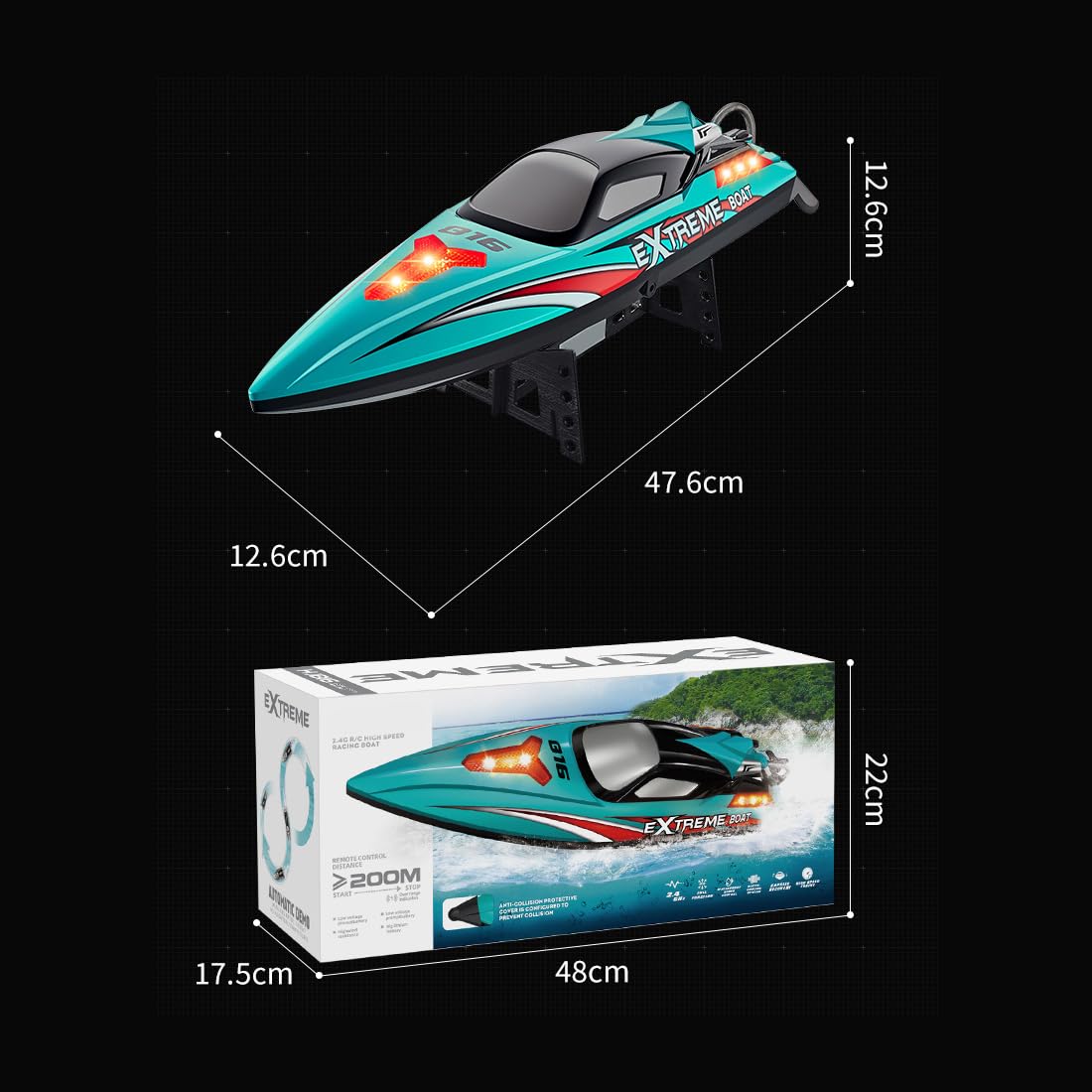 Ferngesteuertes Boot 55 km/h, RC Boot mit Bürstenlosem Motor & LED, Doppelt wasserdicht, Selbstaufrichtung & Reichweitenalarm, Motorboot für Erwachsene, für Pools und Seen