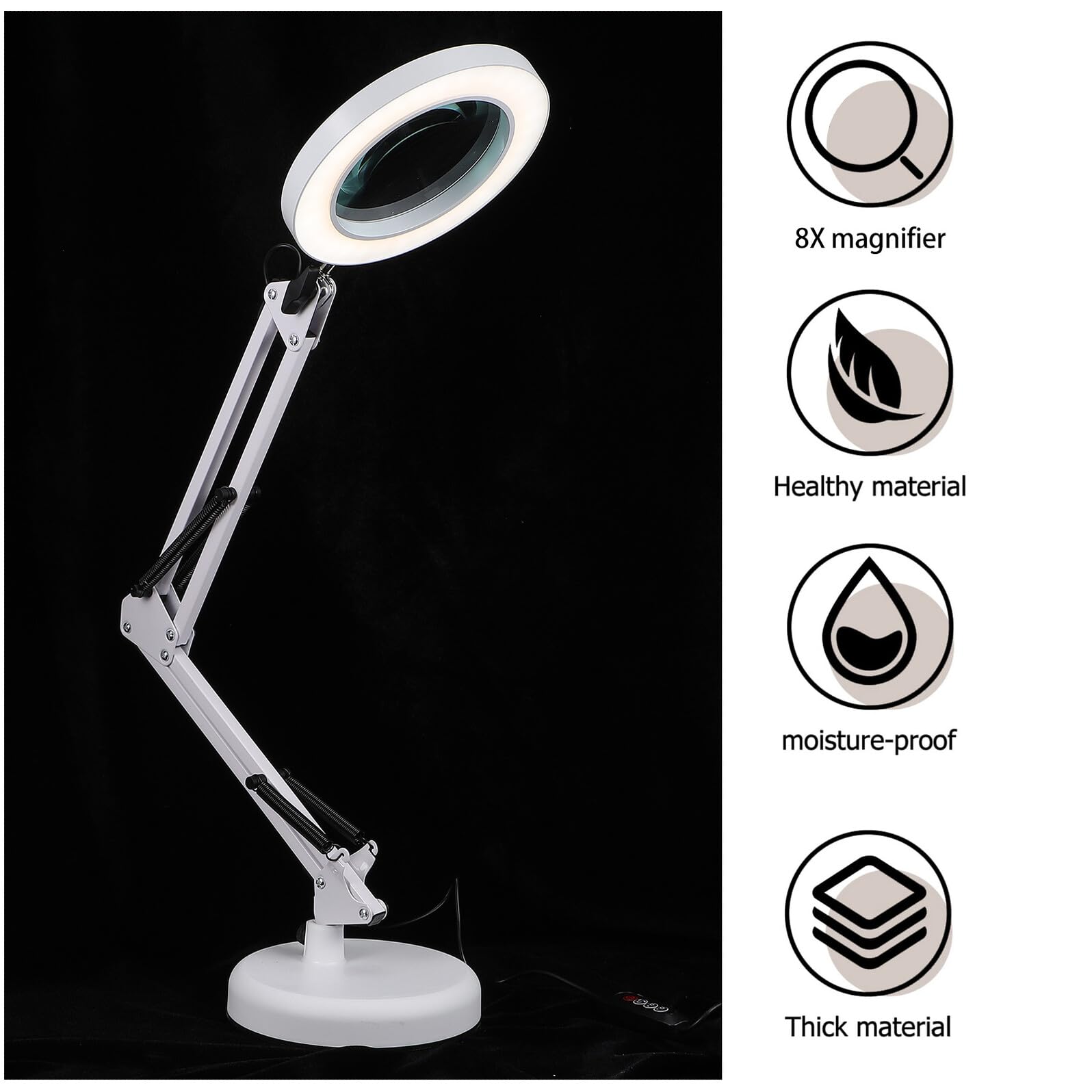 WOONEKY Lampada da Scrivania Lente D'ingrandimento LED 5x, Braccio Regolabile a 3 Snodi, Supporto in Ferro e Base Stabile, Alimentazione Usb, per Manicure e Lavori di Precisione