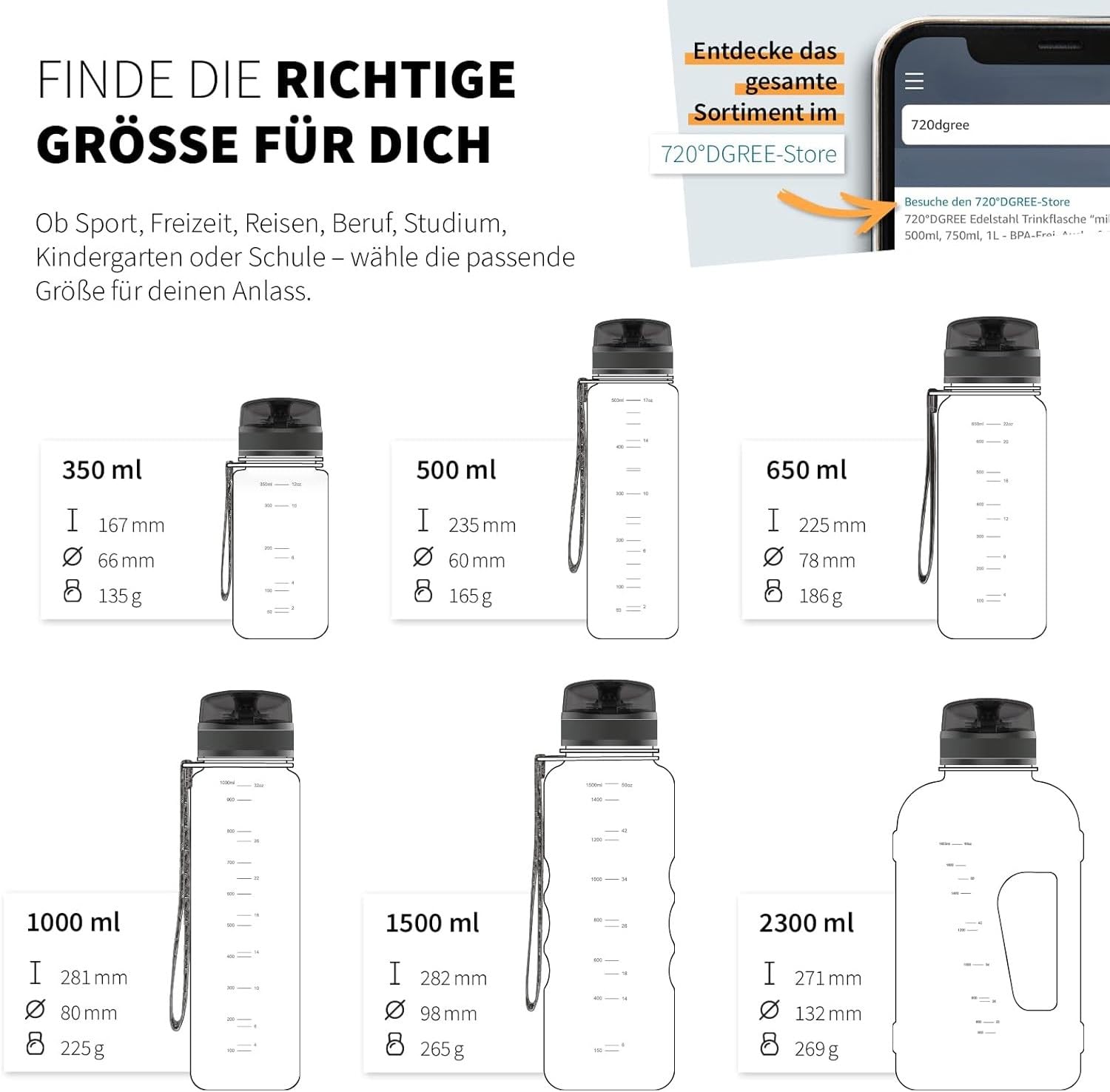 720°DGREE Trinkflasche “uberBottle“ 350ml, 500ml, 650ml, 1l softTouch +Früchtebehälter - Auslaufsicher, BPA-Frei - Schmale Wasserflasche für Kinder, Schule, Sport, Fahrrad, Gym, Fitness, Outdoor - 4