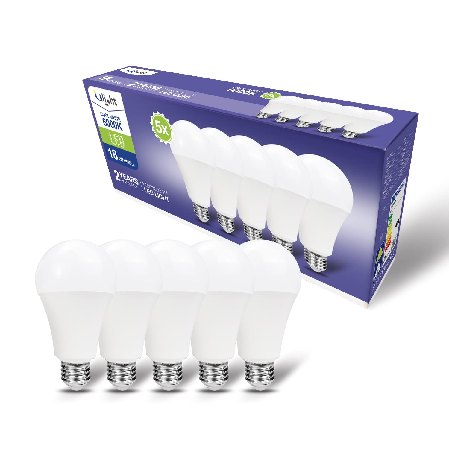 ULIGHT Lampadina LED A70 a Goccia da 18W, Equivalente Incandescente da 150W, Luce Fredda 6000K, 1850lm, Fascio Luce 170°, 220-240V Attacco E27, Confezione da 5