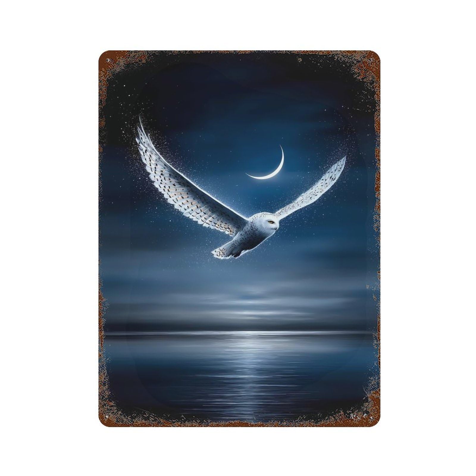 Snowy Owl Guardian of The Crescent Sky Vintage Wall Sign 15.7"x11.8", Rust Effect Metal Decor for Patio, Garden Room And Bar Decor
