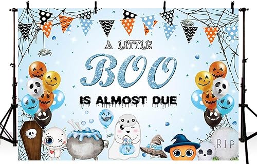 Telón de fondo de Halloween de 7 x 5 pies para baby shower, con texto en inglés "A Little Boo is Almost Due Baby Shower Decoraciones" de color rosa