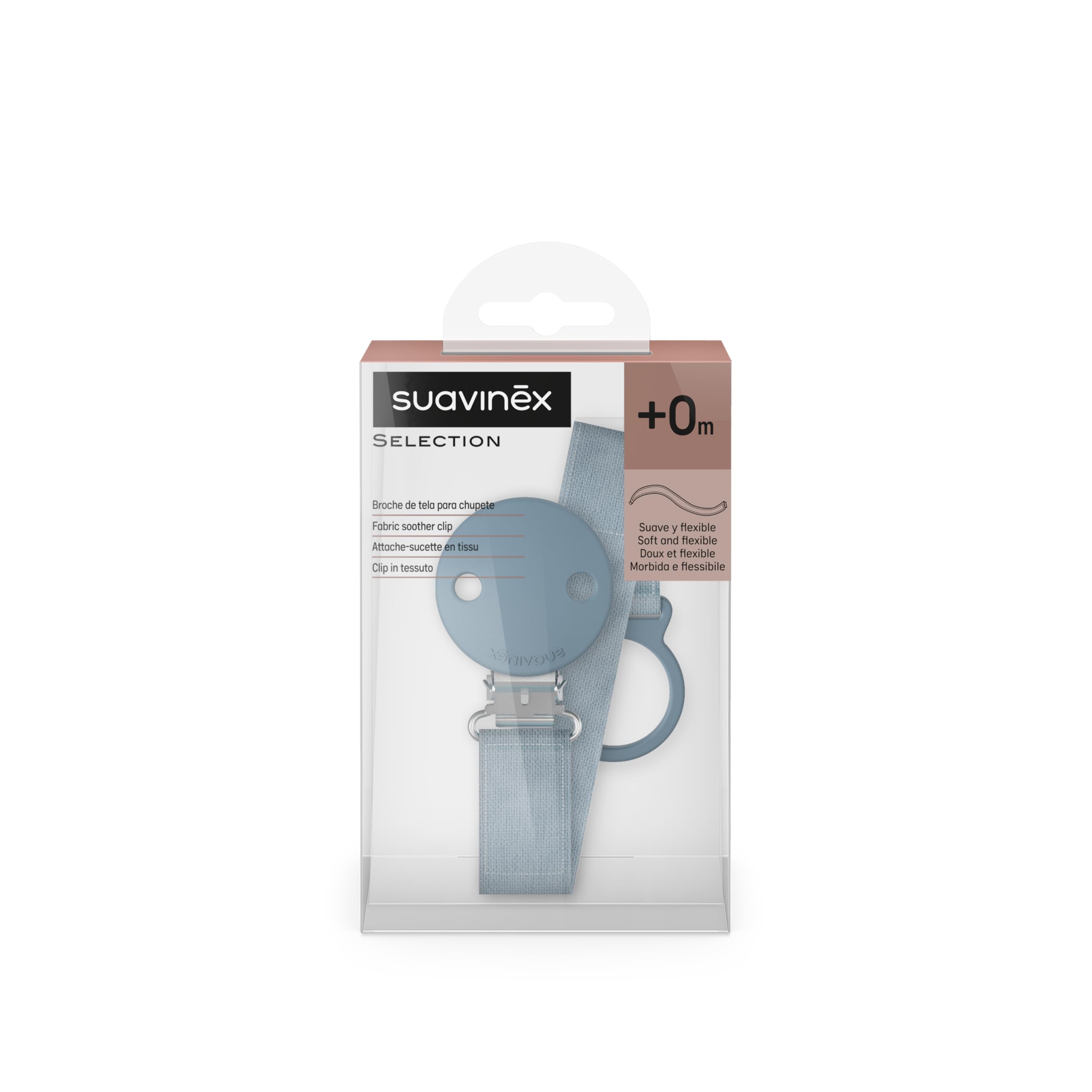 Suavinex, Portaciuccio in tessuto per neonati, Nastro con disegno double-face, Catenella per ciuccio, Clip con fermaglio, per ciucci con anello. +0 mesi, adatto ai neonati, Wonder Tinta unita Blu