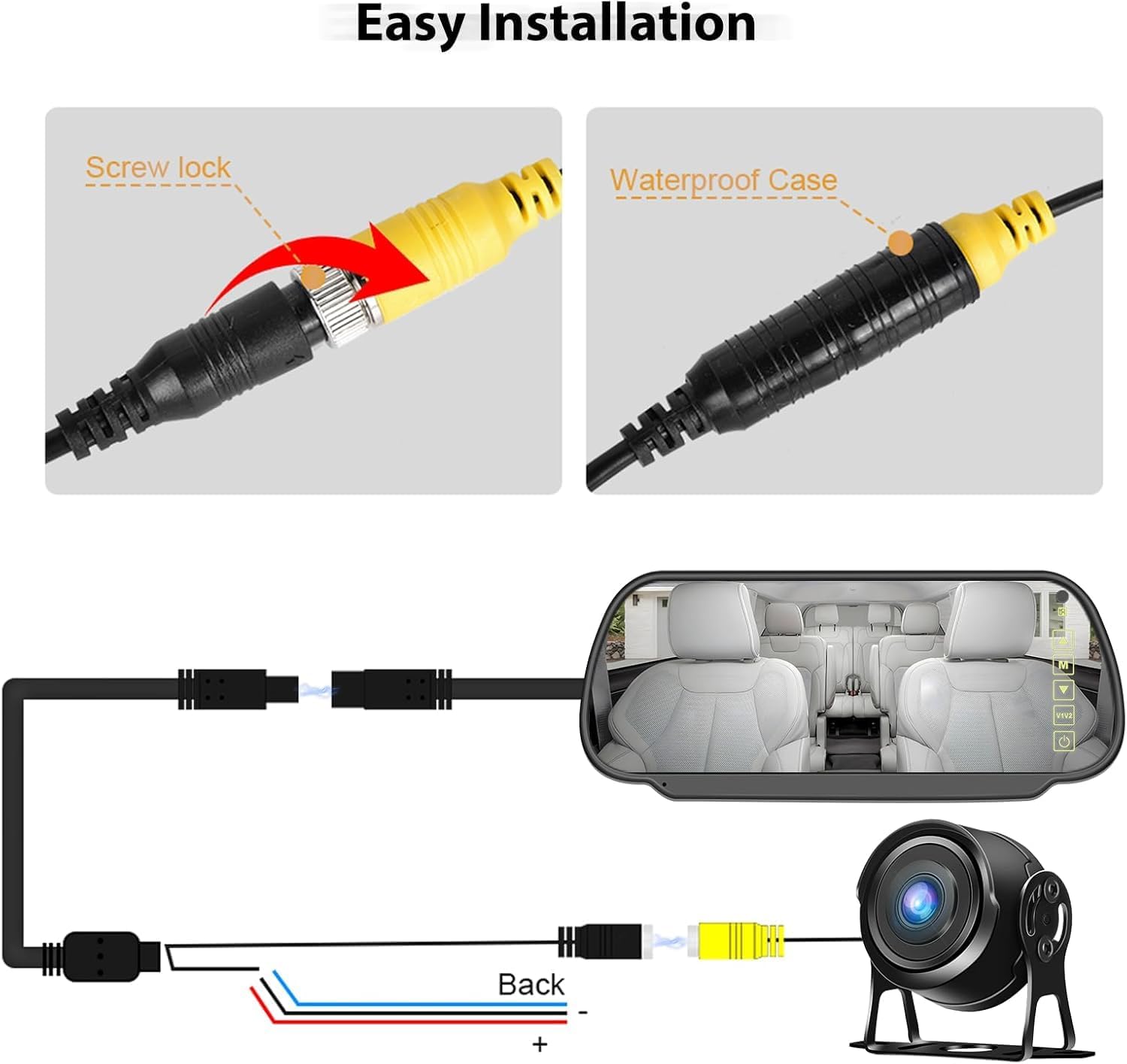 CAMECHO Pantalla Táctil HD de 7'' Cámara de Marcha Atrás con Visión Nocturna Color 1080P y Monitor, Cámara de Reversa para Coche con IP66 Gran Angular 105° para Camión Furgoneta 12-24V