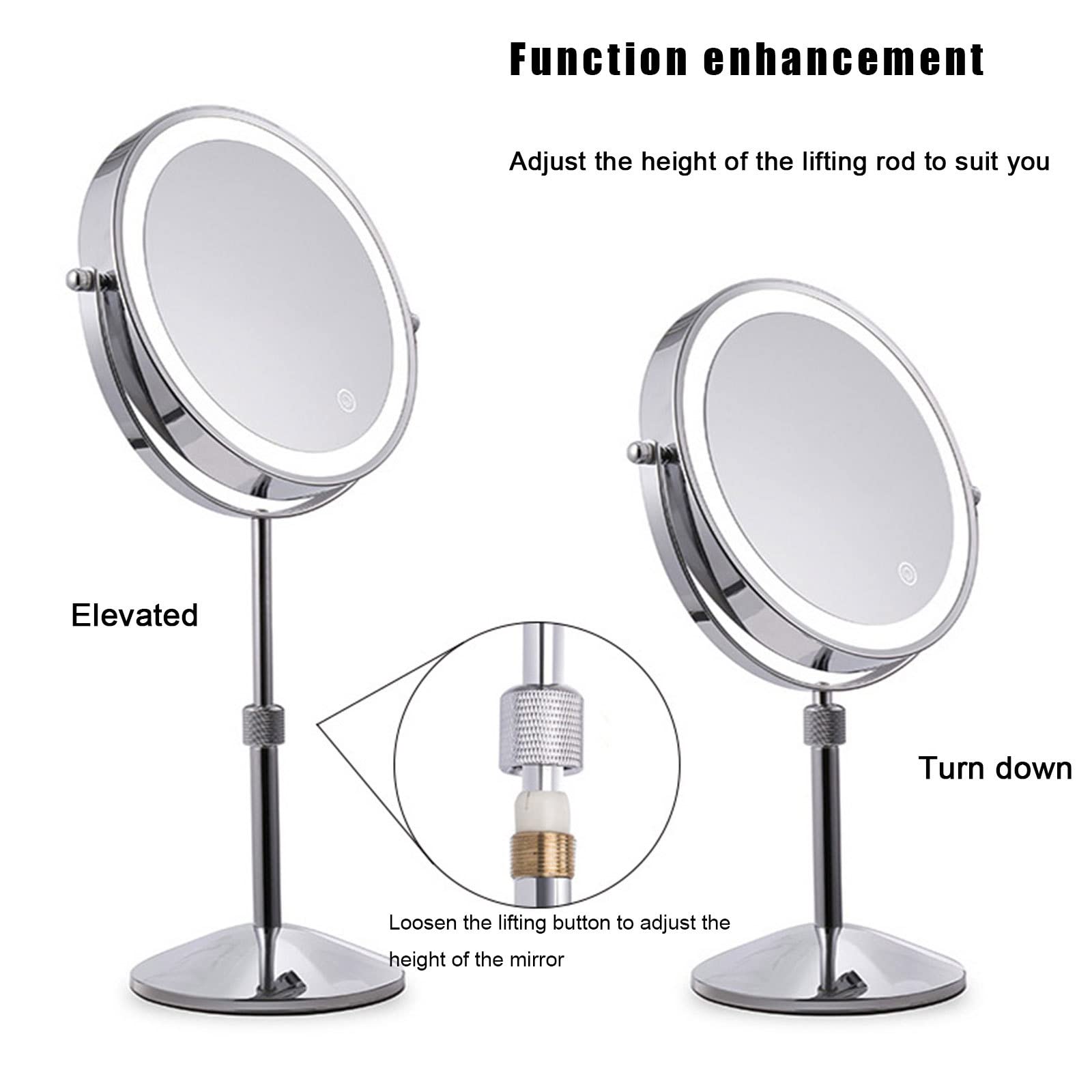 Espejo de Maquillaje Iluminado Recargable de 7 '' con elevación y Aumento, Espejo cosmético de encimera Redondo Ajustable para tocador, tocador, baño, Ampliación a Doble Cara,1X/3X