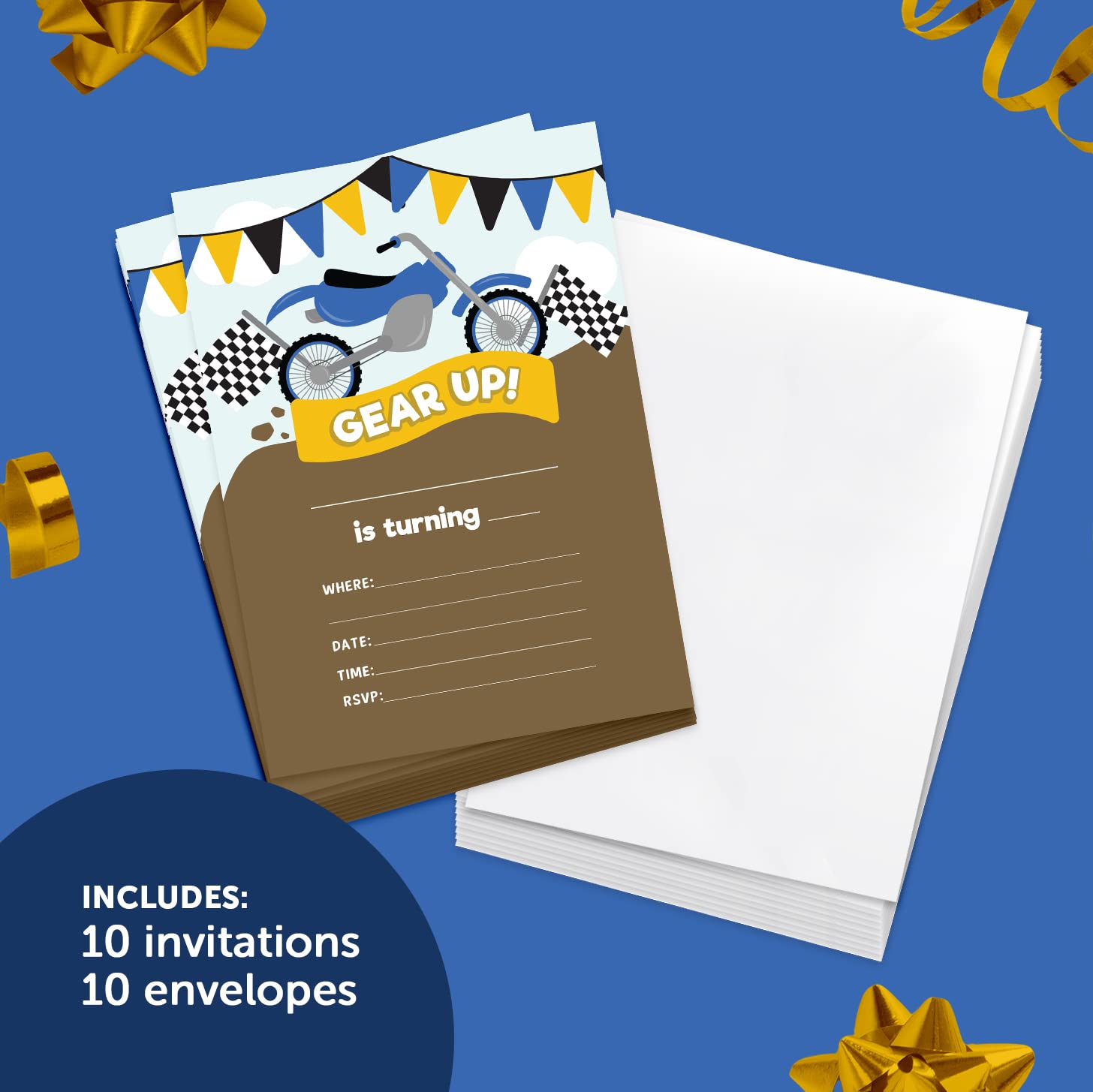 Desert Cactus Motorcycle Happy Birthday Invitations Style 2 Invite Cards (10 Count) With Envelopes Boys Girls Kids Party (10ct)