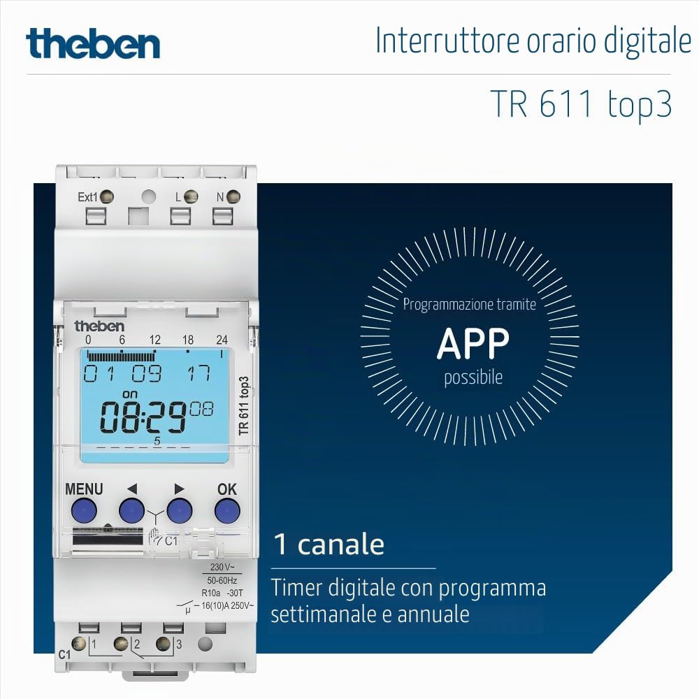 Theben 6110130 TR 611 top3 interruttore orario 1 canale ext. ingresso | 600 W LED, 10 anni di riserva di carica, precisione ± 0,25 s/giorno, 800 A/200 µs, 84 posizioni, 1 ingresso esterno, App