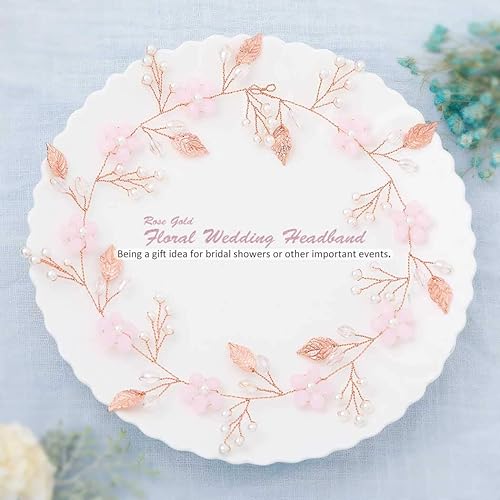 Miniatura 3 de Diadema de novia de oro rosa con flores de vid y perlas de cristal para mujer (oro rosa)