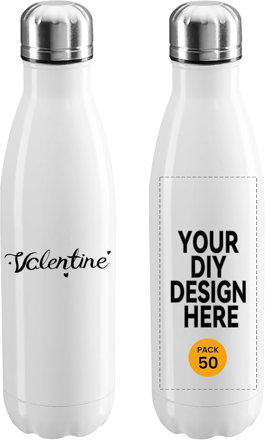 Personalized Custom 17oz Water Bottle, Stainless Steel Insulated Double Wall Vacuum Water Bottle Leak-Proof Cups for Sports & Travel (White, 50 pack)