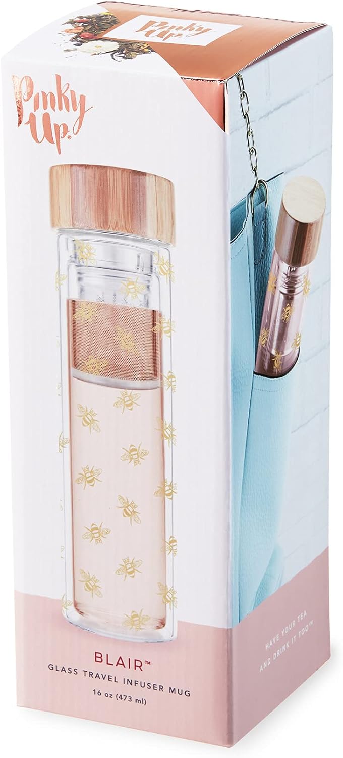 Pinky Up Blair Tea Infuser Mug with Strainer and Lid, Double Walled Glass Tumbler for Home Office, Travel, Picnic, Camping, 16 oz, Set of 1, Arabesque Gold - Image 8