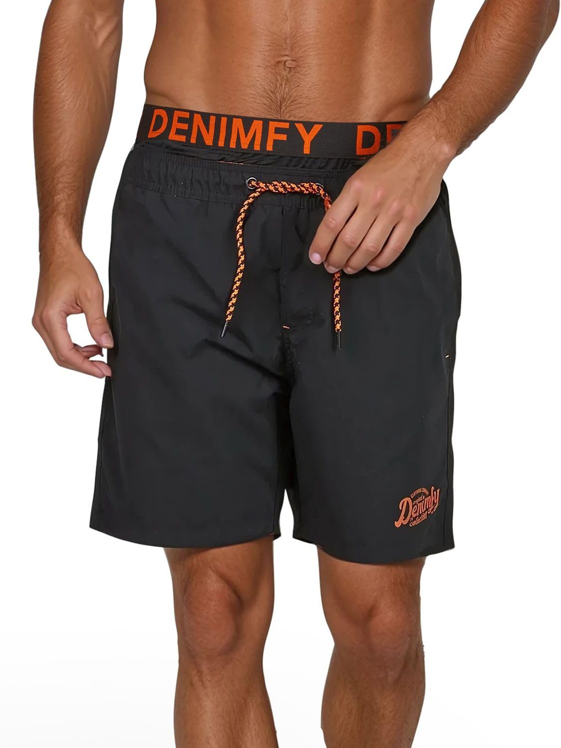 DENIMFY Badehose Herren Lang Badeshorts Doppelter Bund DFNeo Kurze Hosen Schwimmhose Shorts Print Schwarz Blau Orange S M L XL XXL 3XL 4XL 5XL